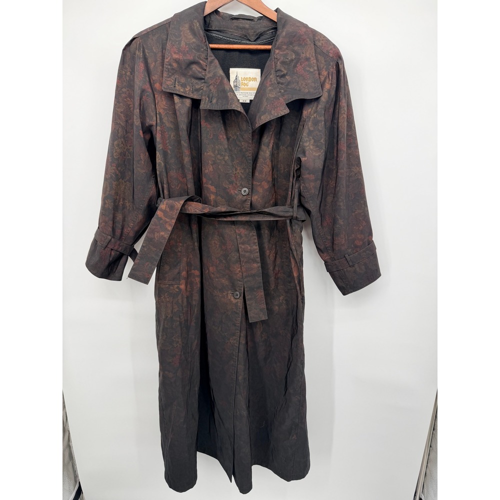 Vintage Floral Trench Coat Women M Brown Dark Academia Belted Wool Liner GOOD